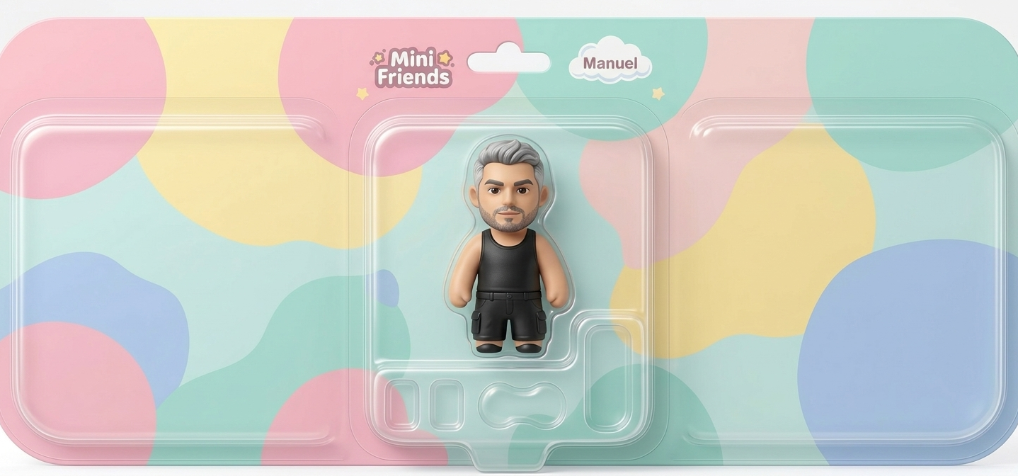 Manuel convertido en una figura Mini Friends dentro de un empaque Toy Box